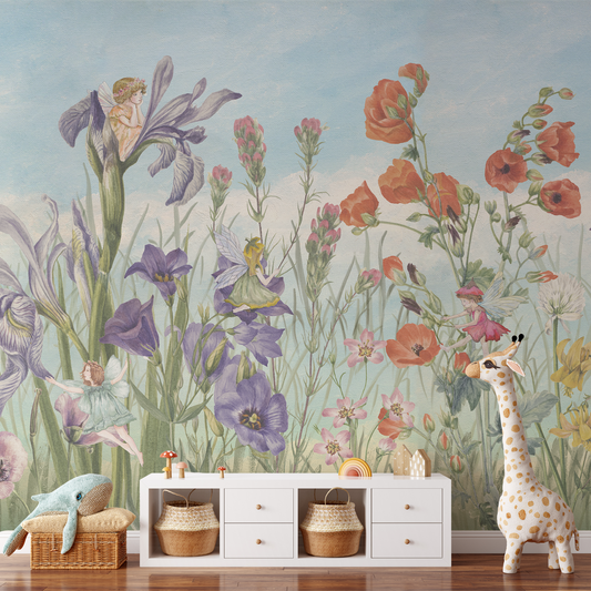 Children's room with floral wallpaper, fairy figures, and toys.