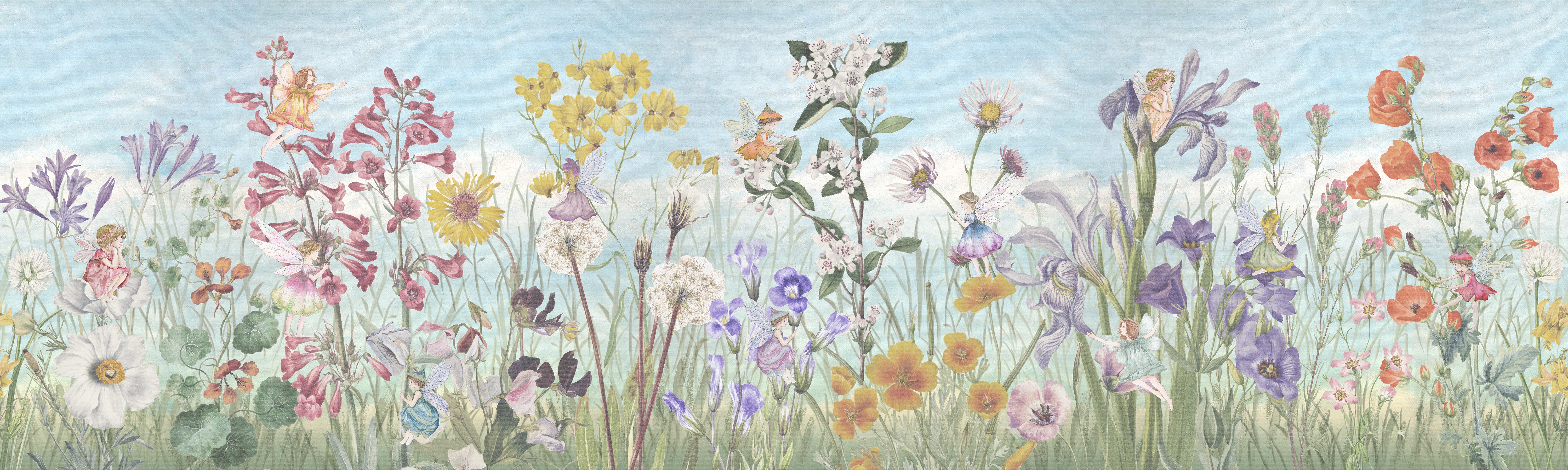 Illustration of a field of colorful flowers with a blue sky background