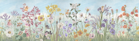 Illustration of a field of colorful flowers with a blue sky background