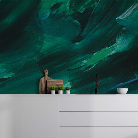 Emerald Brushstrokes In Kitchen With White Worktops & Wooden Chopping Boards