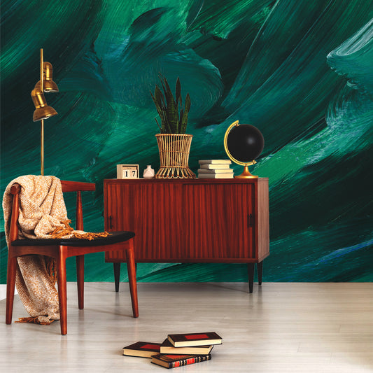 Emerald Brushstrokes In Lounge With Wooden Cabinets & Black World Globe With Gold Accents
