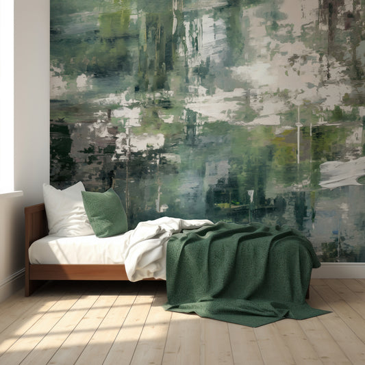 Emerald Forest Oasis Wallpaper In Children's Bedroom With Wooden Bed and White And Dark Green Blankets