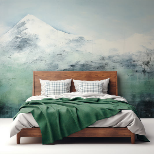 Emerald Peak Wallpaper In Bedroo With Wooden Queen Size Bed With Green And White Bedding