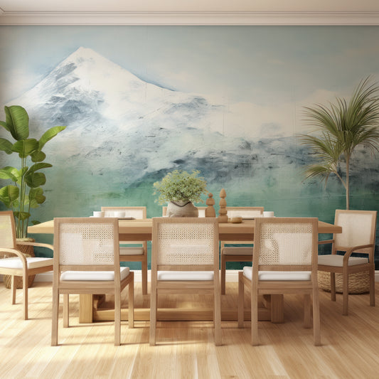 Emerld Peak Wallpaper In Dining Room With Wooden Table And Chairs