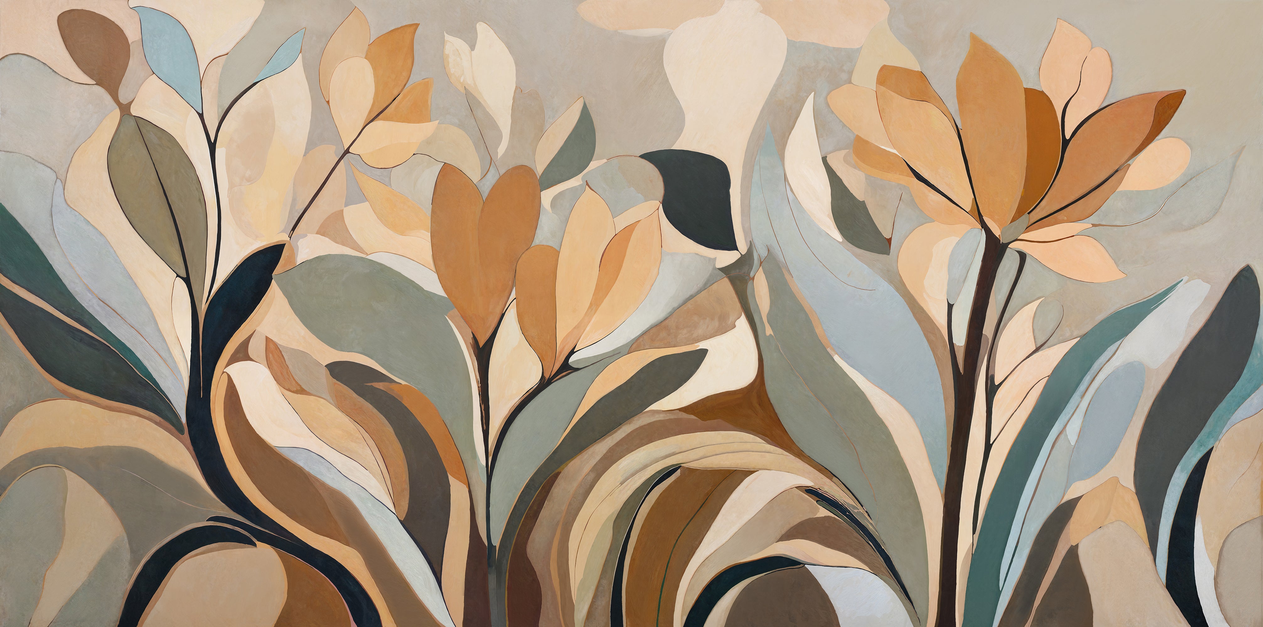 Abstract floral design with brown, beige, and green colors on a neutral background