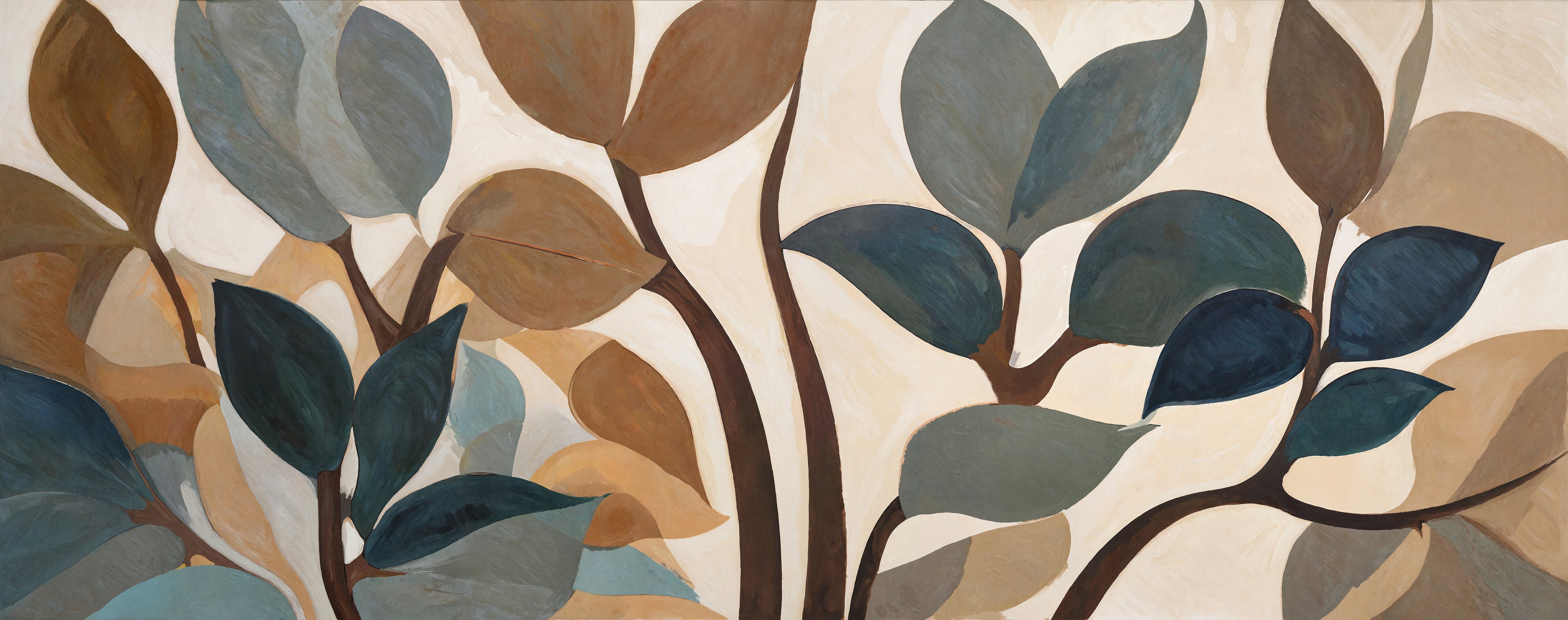 Decorative wallpaper with leaf pattern in earthy tones on a beige background