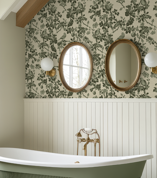 Bathroom with floral wallpaper, oval mirrors, and a freestanding bathtub.