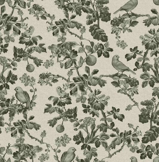 Pattern of birds and foliage on a beige background