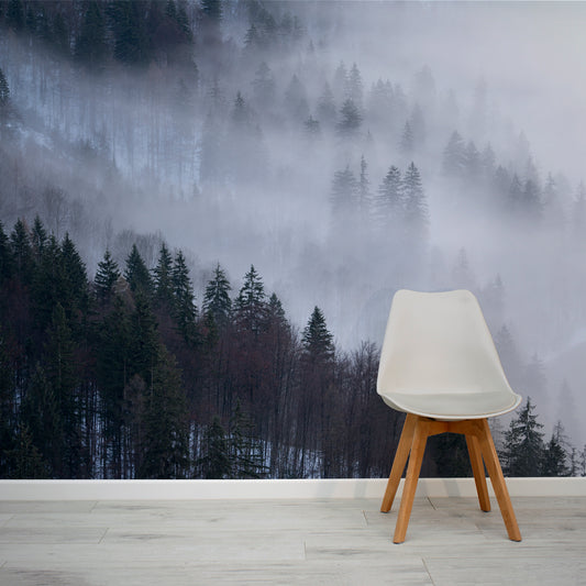 Enchanted Alpine Forest Wallpaper in living room with white small office chair