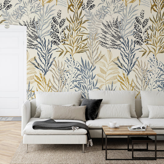 Enchanted Botanica Wallpaper in living room with white sofa with cushions and coffee table in front of the sofa