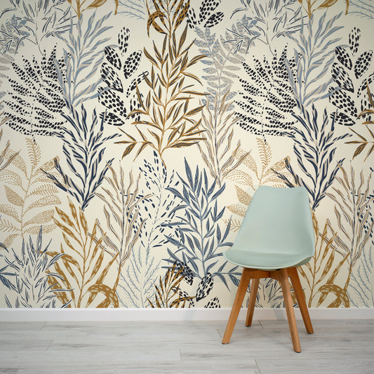 Enchanted Botanica wallpaper in living room with lime green chair in front of it