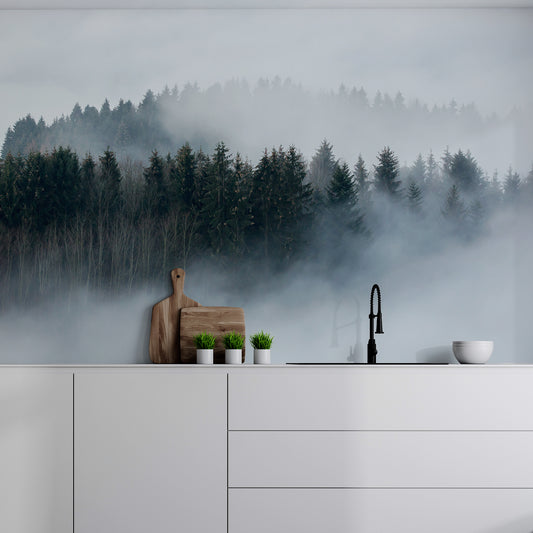 Enigmatic Forest Veil wallpaper in kitchen with white worktop with wooden chopping board and small green plants in small white plant pots