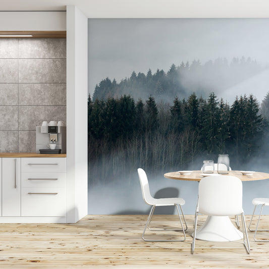 Enigmatic Forest Veil wallpaper in white kitchen with wooden coffee table and stone titled wall
