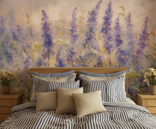 Cottage corre bed with striped bedding and with a impressionist soft pastel floral scene wallpaper
