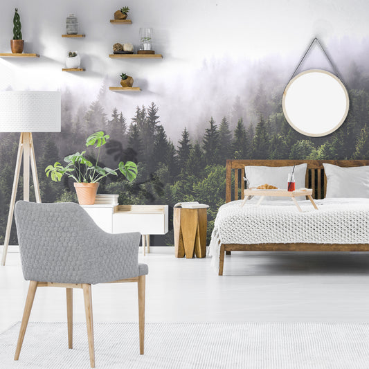 Ethereal Forest Wallpaper In Bedroom With Wooden Bed and Grey Chair and Plants
