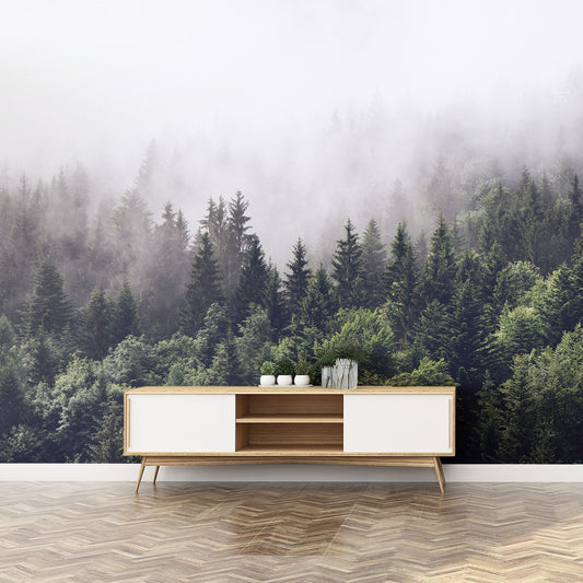 Ethereal Forest Wallpaper In Living Room With Wodden Coffee Table Painted In White
