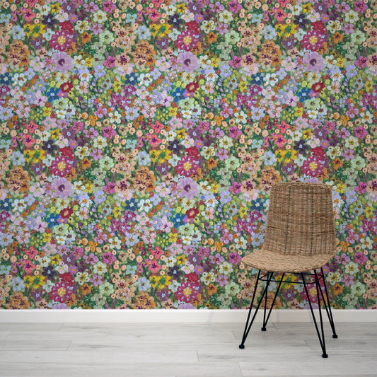 Eurydice Painted Bright Colourful Floral Pattern Wallpaper Mural with Rattan Chair
