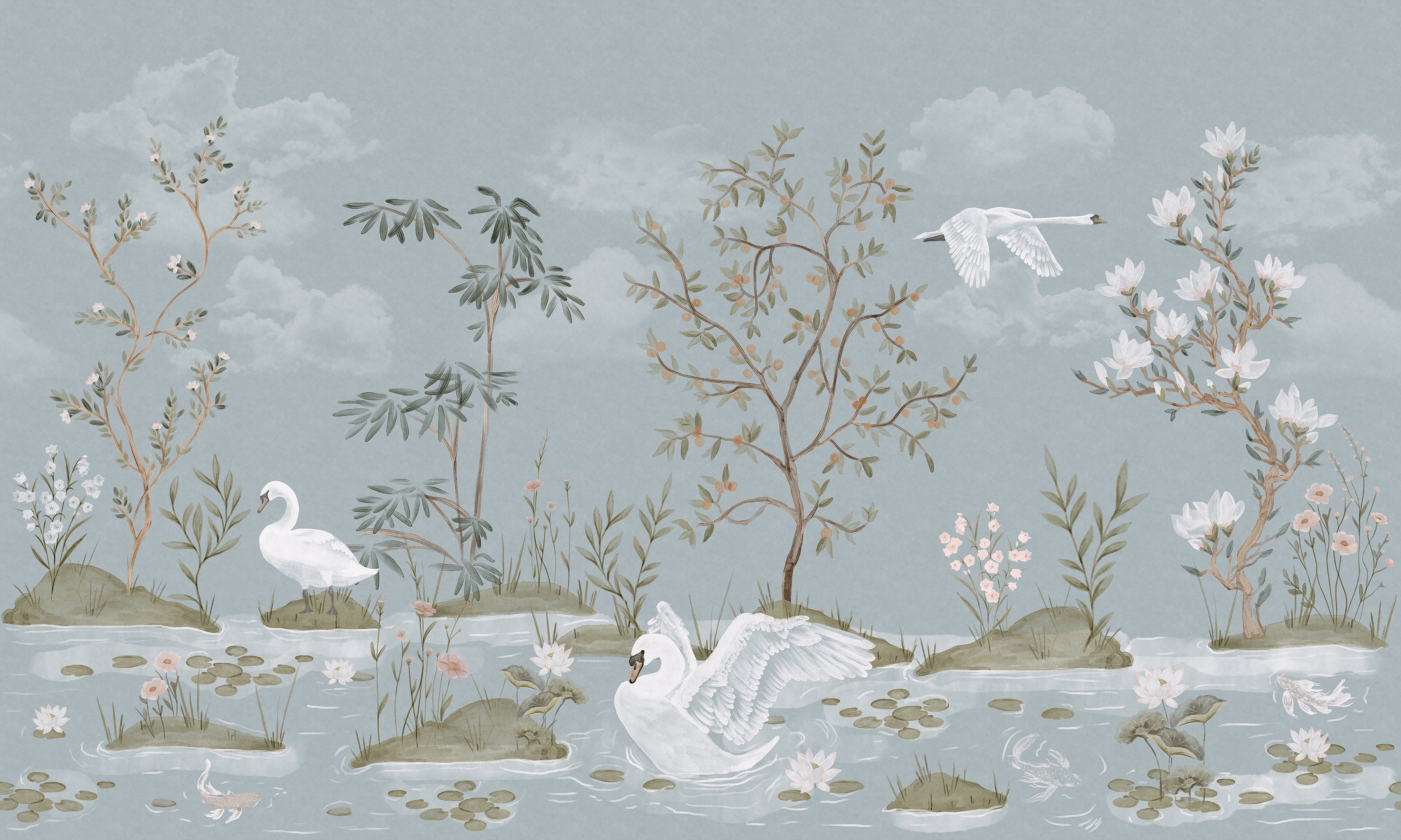 A serene landscape-style illustration featuring white swans in shallow water with lily pads, small trees, flowering plants, and a pale blue sky with soft clouds.