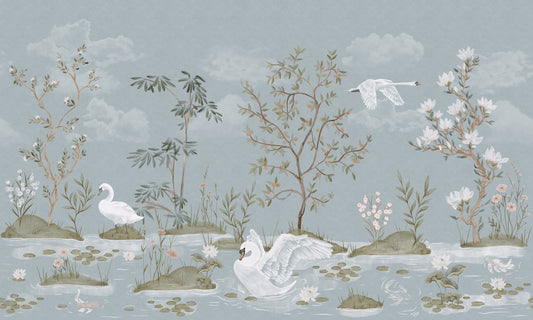 A serene landscape-style illustration featuring white swans in shallow water with lily pads, small trees, flowering plants, and a pale blue sky with soft clouds.