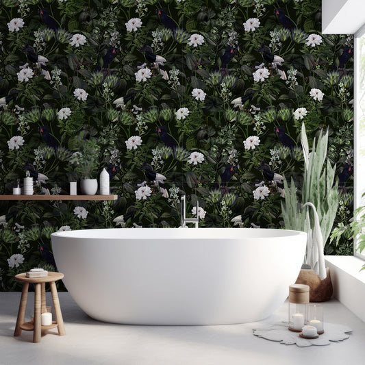 Exotic Night Wallpaper In Bathroom With White Bathtub And Green Plants With Wooden Stool & Candle
