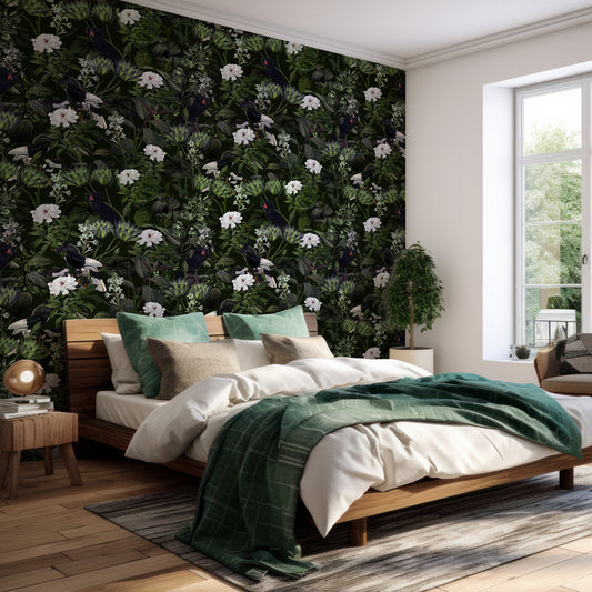 Exotic Night Wallpaper In Bedroom With Green Bedding And Wooden Bed With Large Window Letting Lots Of Light In