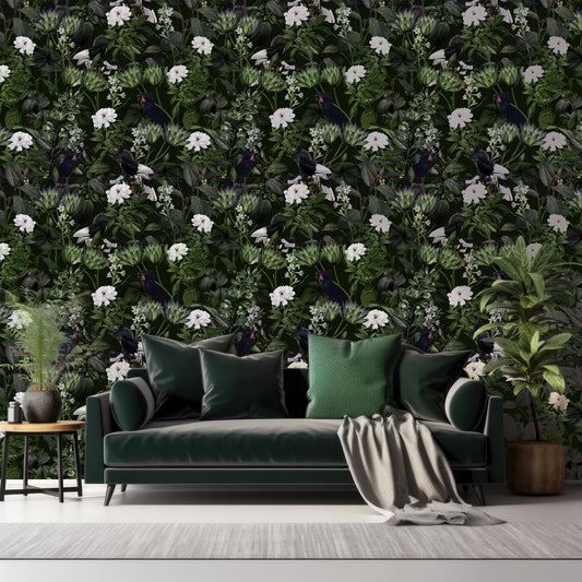 Exotic Night Wallpaper In Living Room With Dark Black Green Sofa And Plants