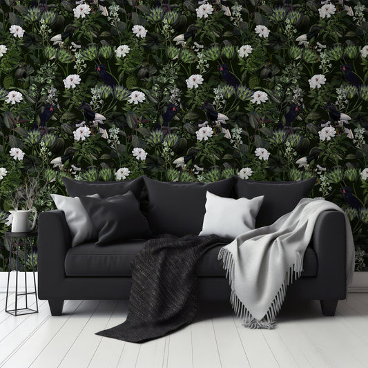 Exotic Night WallpaperIn Living Room With Dark Black Slofa And Grey And Black Blankets With Small Black Coffee Table