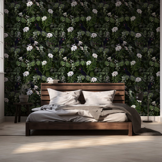 Exotic Night Wallpaper In Room With Dark WOoden Queen Size Bed & Grey Bedding