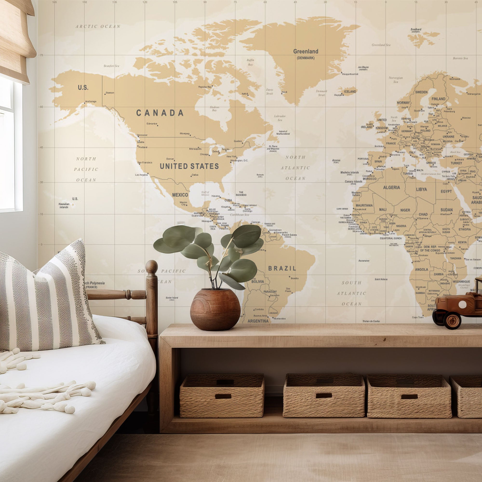 Wall Mural - Detailed Vintage Brown and Beige World Map - Traditional Wallpaper (Paste-the-wall) - Made to Measure