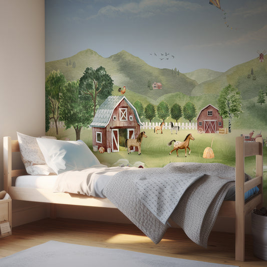 Farm Joy Wallpaper In Child's Bedroom With Light Blue Bedding And Wooden Bed