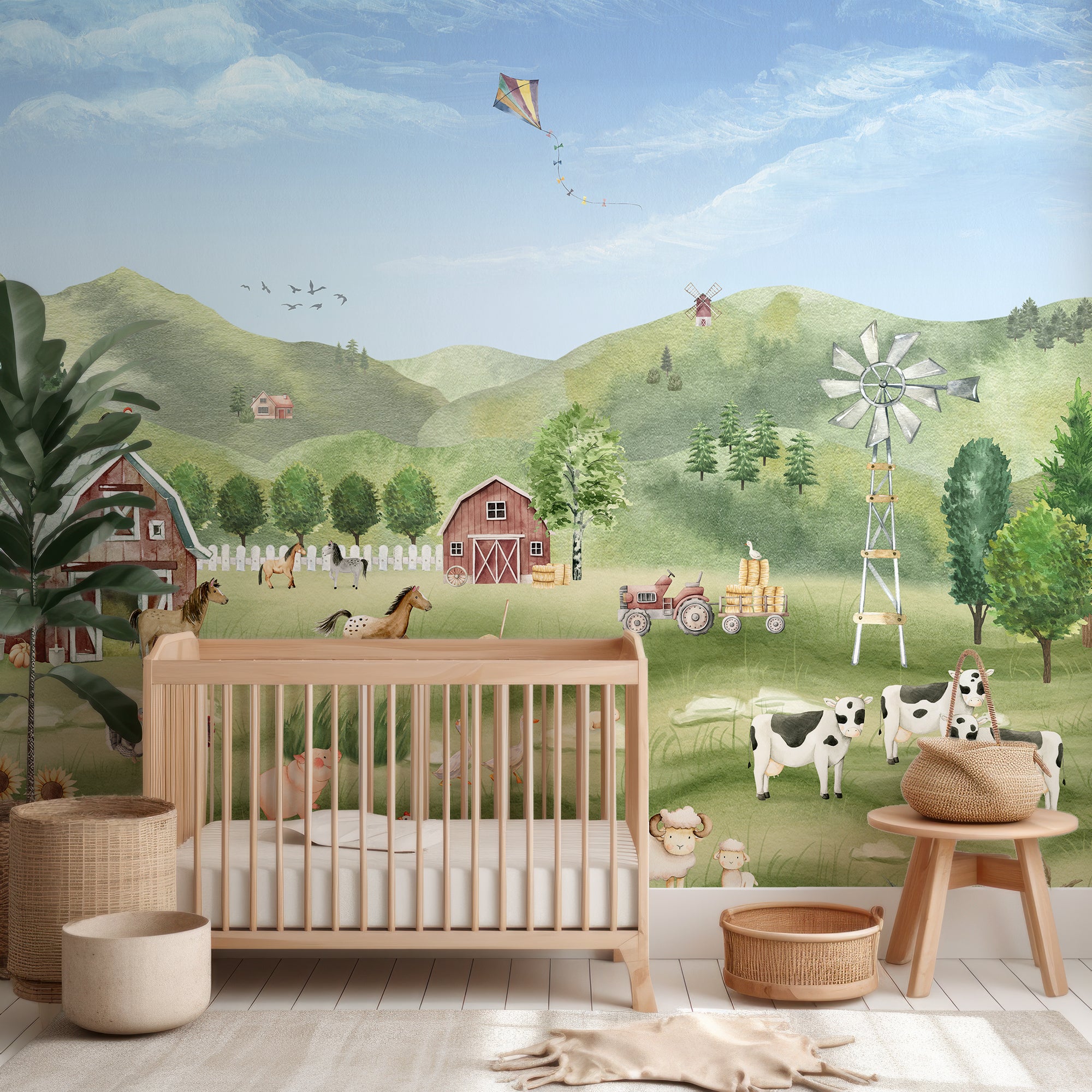 Wall Mural - Watercolour Countryside Farm Animals - Traditional Wallpaper (Paste-the-wall) - Made to Measure