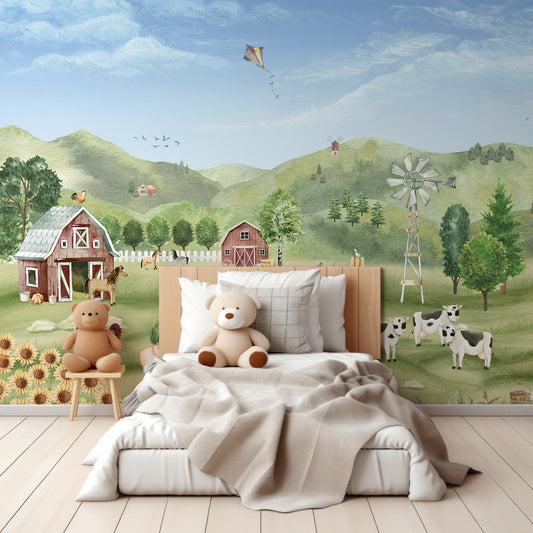 Farm Joy Wallpaper Mural In Children's Bedroom With Beige And Grey Bedding With Teddy Bears On Bed