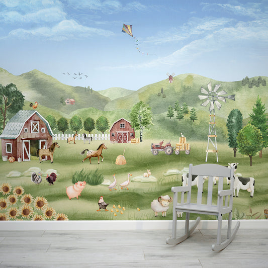 Farm Joy Wallpaper Mural In Room With Grey Chair