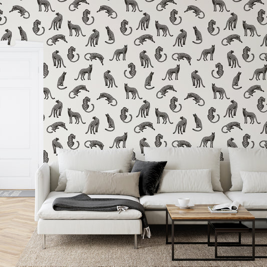 Feline Finesse Noir Wallpaper In Bedroom With Grey Bed