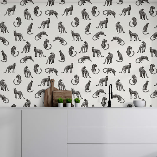 Feline Finesse Noir Wallpaper In Kitchen With White Worktop