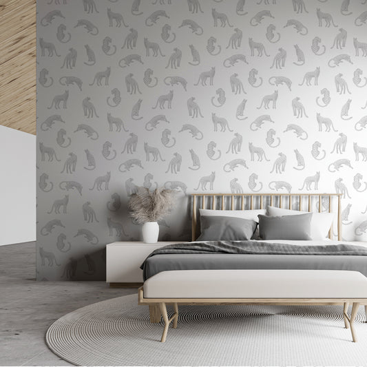 Feline Finesse Wallpaper In Bedroom With Grey Bed