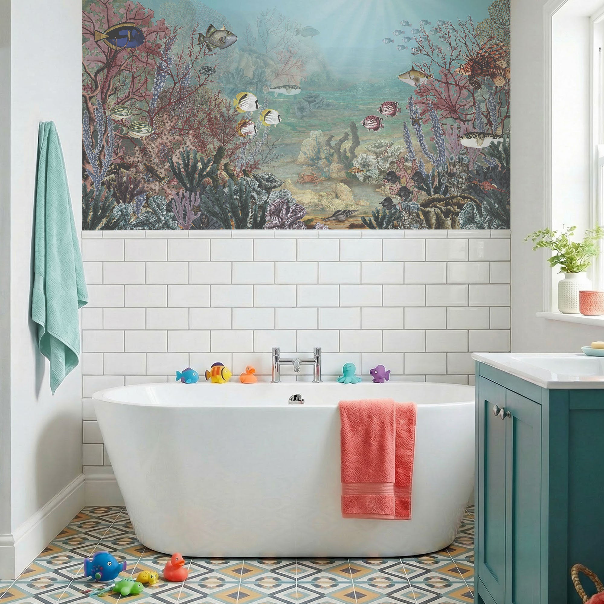 Wall Mural - Fish and Coral Underwater Watercolour Scene - Removable Wallpaper (Peel & Stick) - Made to Measure