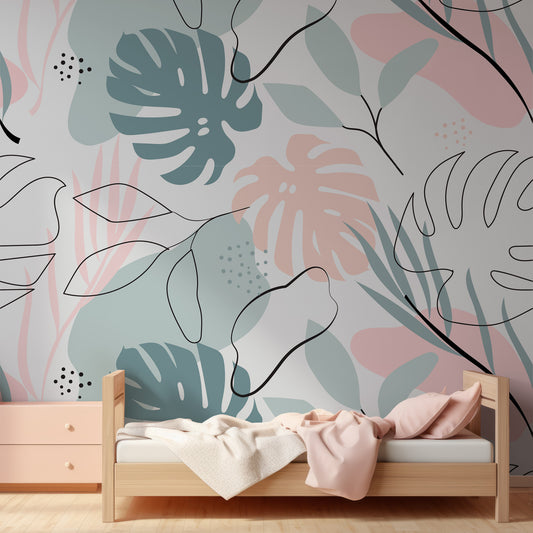 Foliage Blush Wallpaper In Small Room With Pink Single Bed With Wooden Frame And Wooden Cabinet