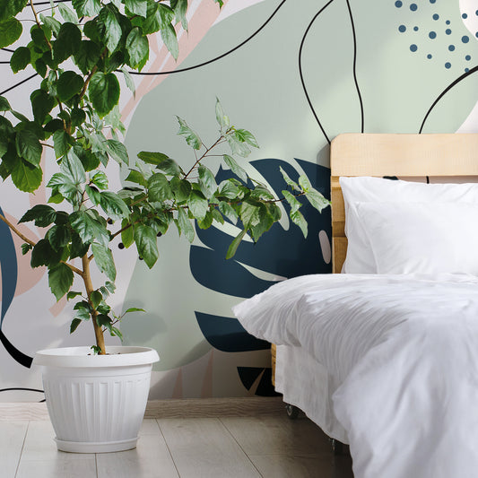 Foliage Neutral Wallpaper In Bedroom With Wooden Bed & Large Green Plant