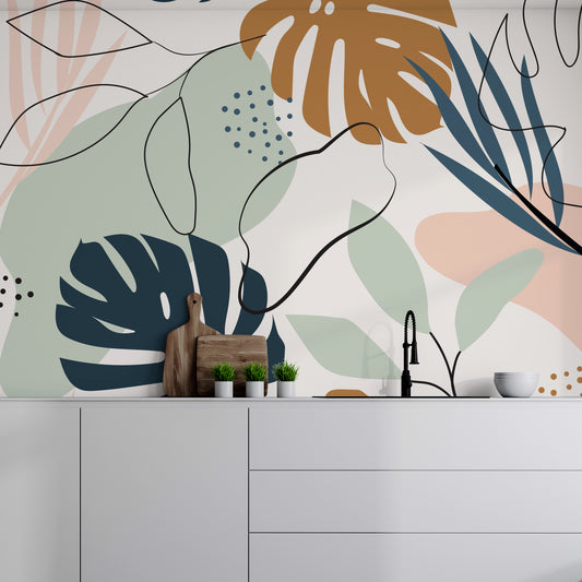 Foliage Neutral Wallpaper In Kitchen With White Worktops And Wooden Chopping Boards