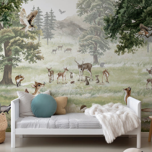 Forest Fun Wallpaper In Child's Bedroom With White Bedroom And Circular Cushions