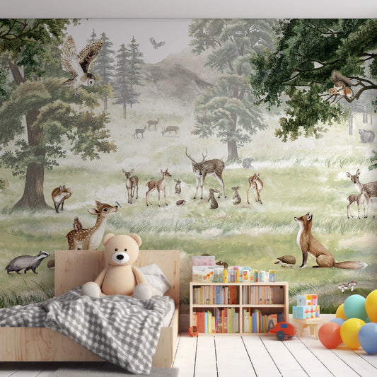 Forest Fun Wallpaper In Child's Bedroom With Wooden Bed, Big Teddy Bear And Bookshelf With Balloons