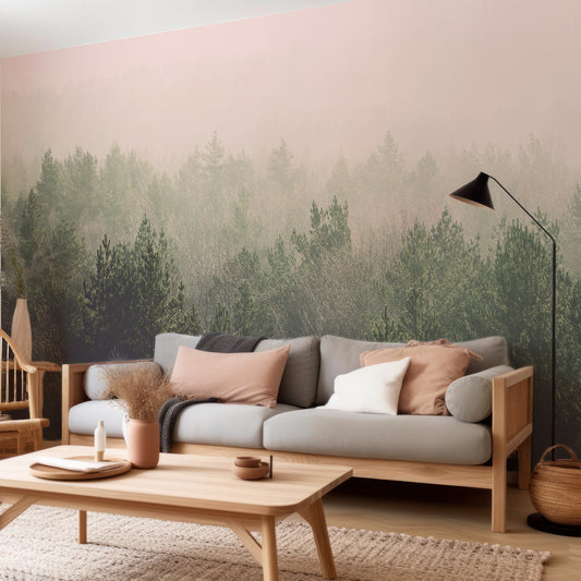 Forest Haze Wallpaper In Beige & Tan Wooden Sofa With Grey Cushioning & Black Lampshade