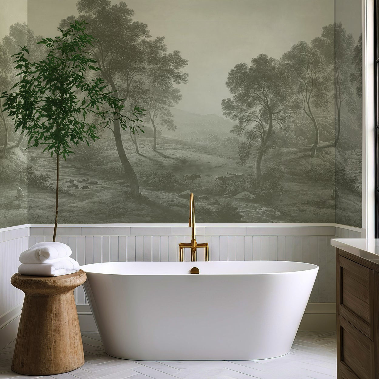 Wall Mural - Muted Green Forest Landscape Painting - Removable Wallpaper (Peel & Stick) - Made to Measure
