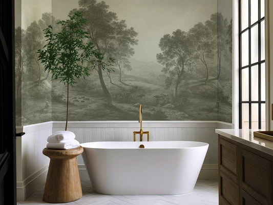 Modern bathroom with freestanding bathtub, wooden stool, and wall mural of a landscape.