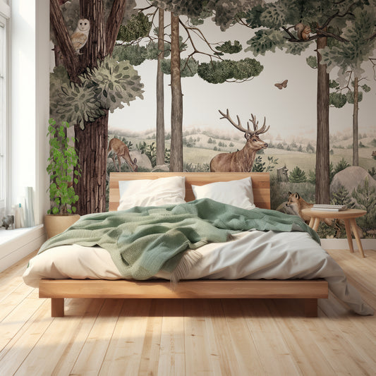 Forest Jive Wallpaper In Bedroom With Great Lighting With Green Queen Size Beds And Wooden Floor