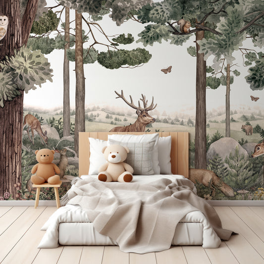 Forest Jive Wallpaper In Children's Bedroom With Beige And Grey Bedding With Teddy Bears On Bed