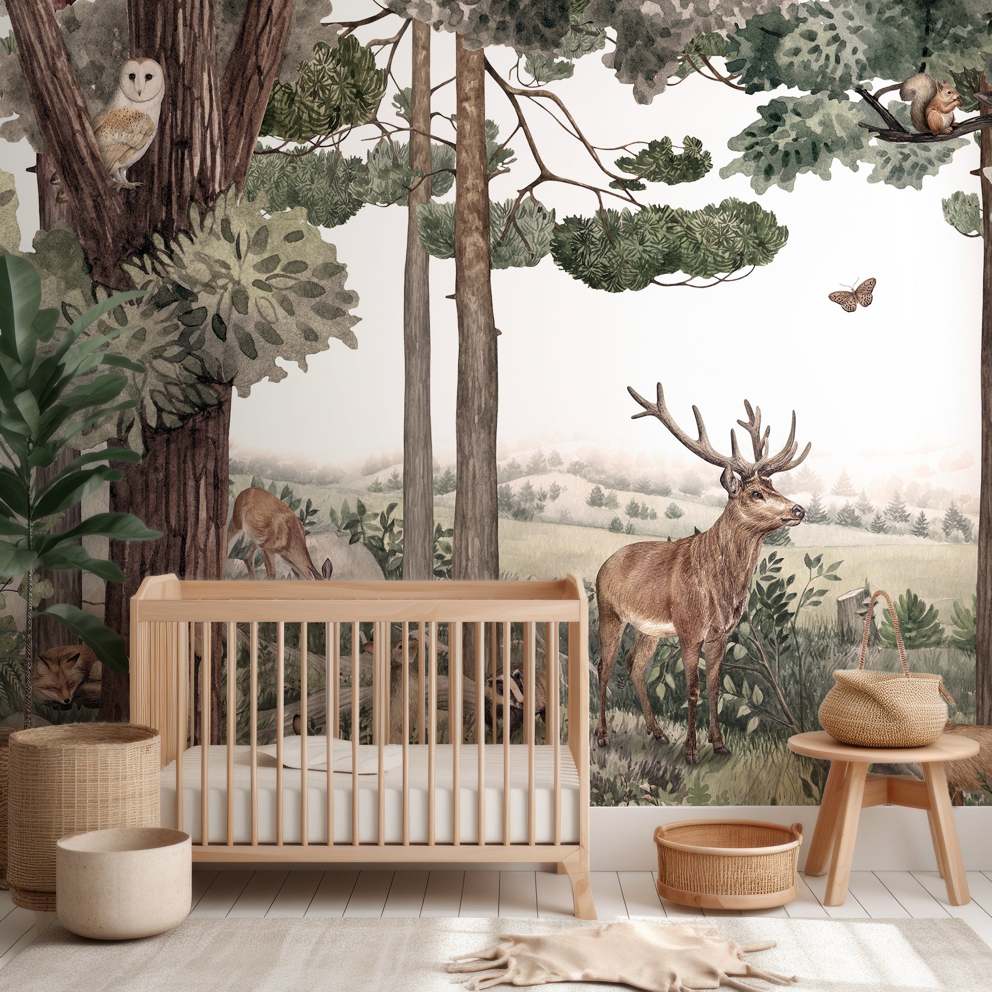 Wall Mural - Children's Brown Woodland Animal and Trees - Traditional Wallpaper (Paste-the-wall) - Made to Measure