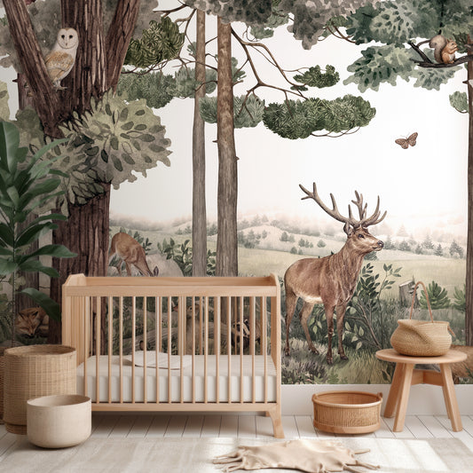 Forest Jive Wallpaper In Nursery With Wooden Crib And Green Plant And Wooden Stools