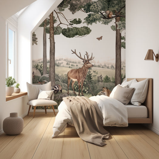 Forest Jive Wallpaper Mural In Bedroom With Bed Facing Sideways With Beige Blanket And Bedding With Small Corner Chair And A Couple Of Plants On The Window